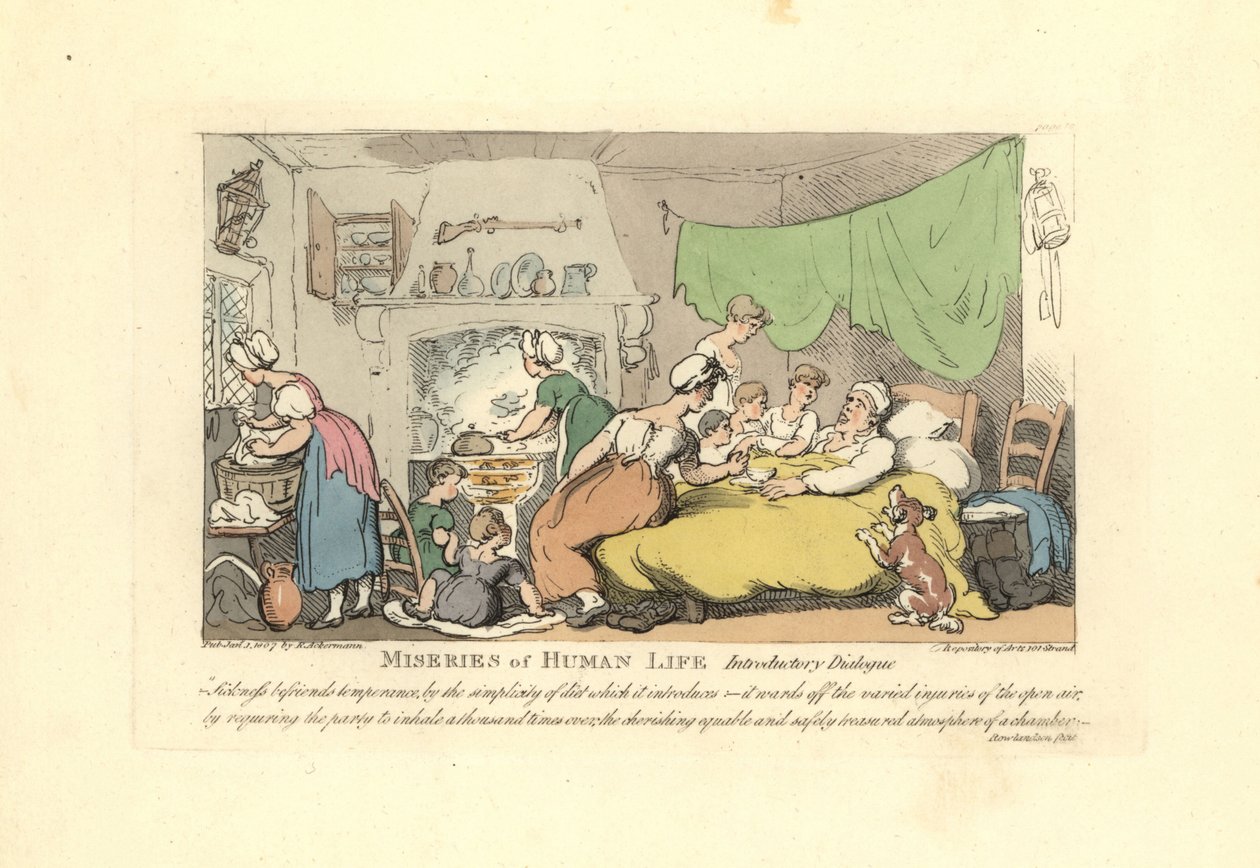 Man i sin sjuksäng omgiven av kärleksfulla fru, barn och maj av Thomas Rowlandson