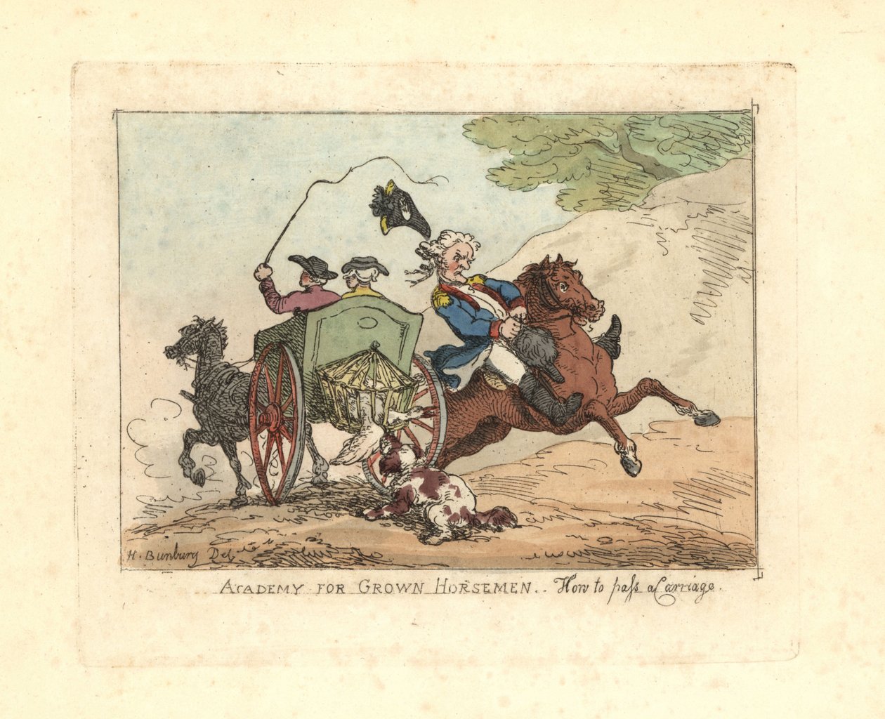 Man tappar kontrollen över sitt fäste när han passerar en vagn. av Thomas Rowlandson