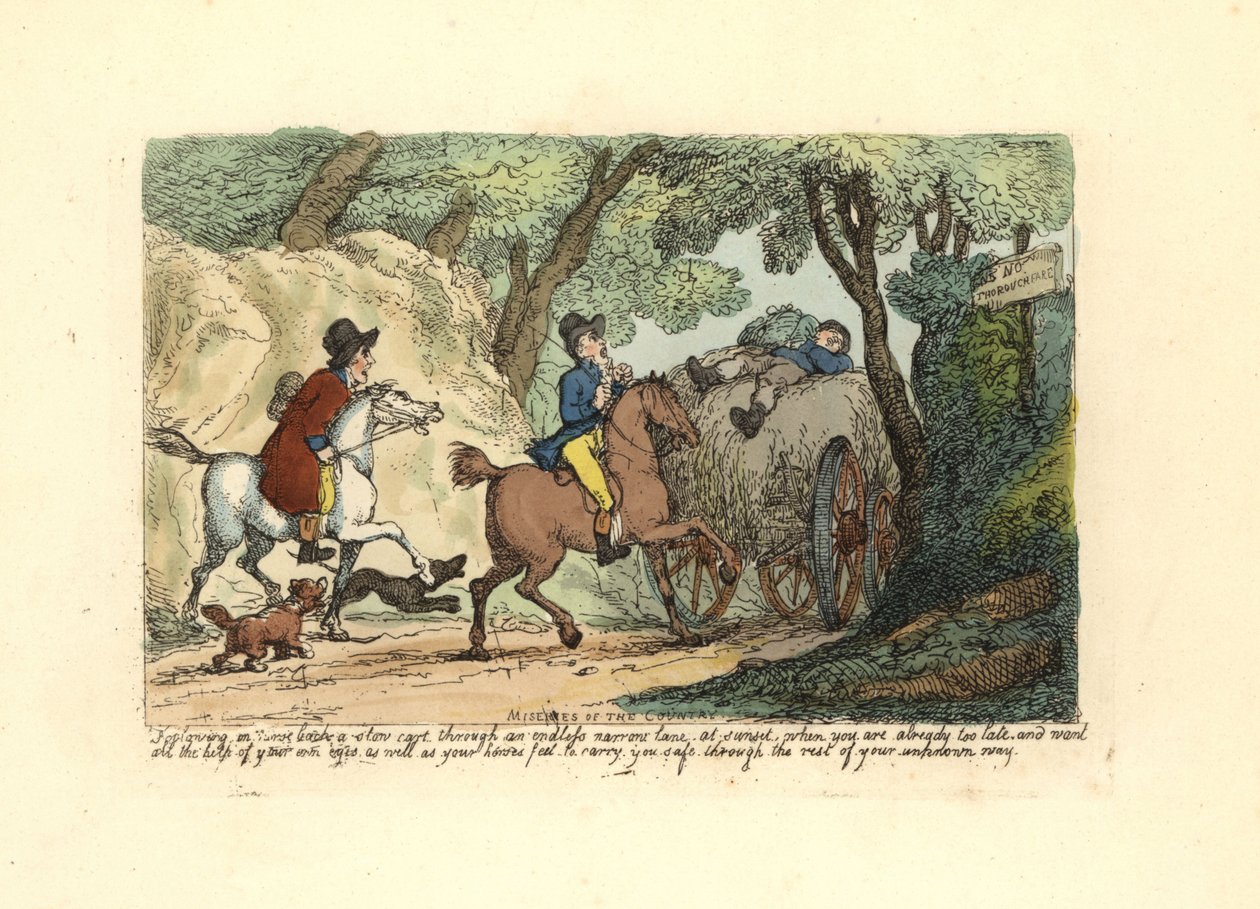 Man till häst bakom en långsamtgående vagn på en smal körfält. av Thomas Rowlandson