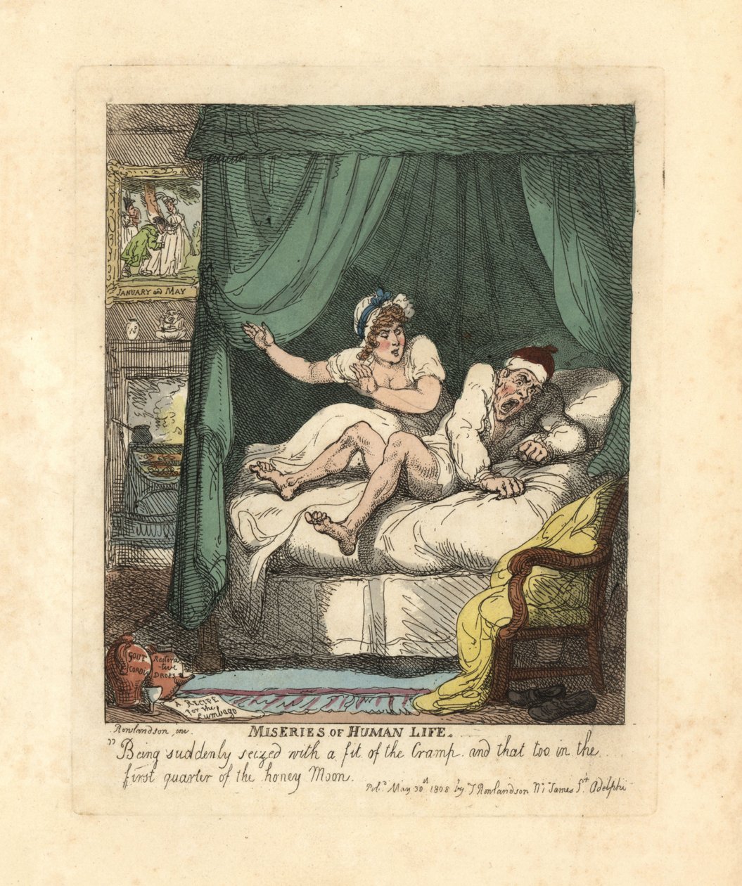 Man gripen av kramp i benen i smekmånadssängen. av Thomas Rowlandson