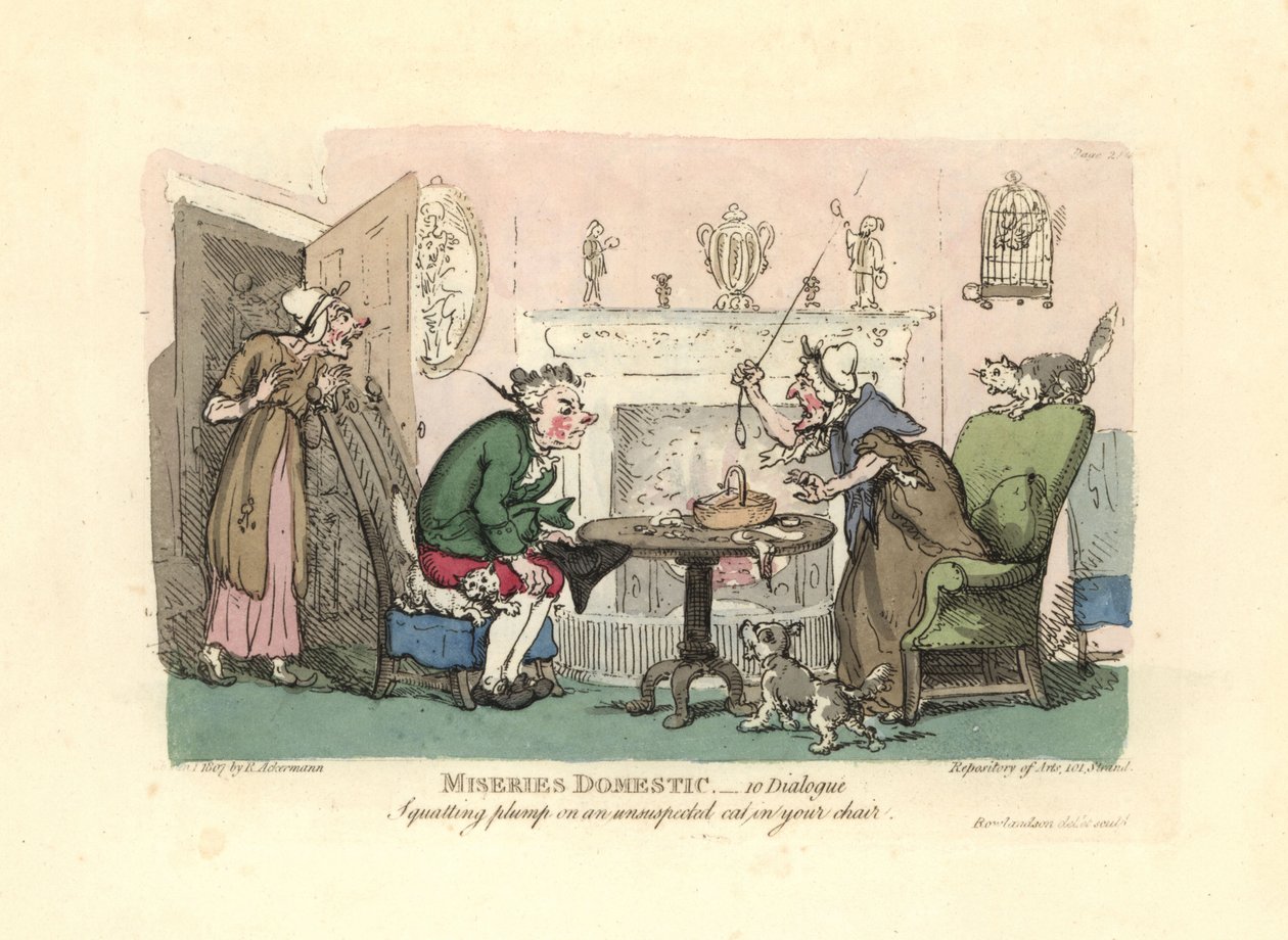 Man sätter sig på en förskräckt katt i sin stol. av Thomas Rowlandson