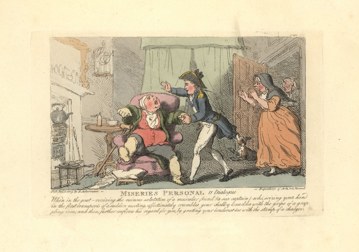 Man som lider av gikt hälsas smärtsamt av en sjöman. av Thomas Rowlandson