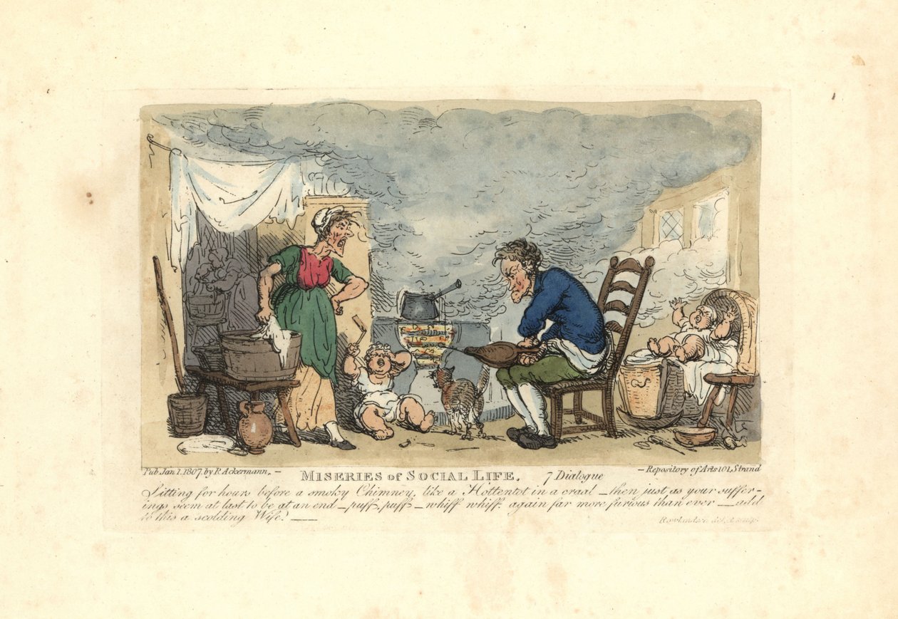 Man använder bälg framför en eld i ett rökigt rum. av Thomas Rowlandson
