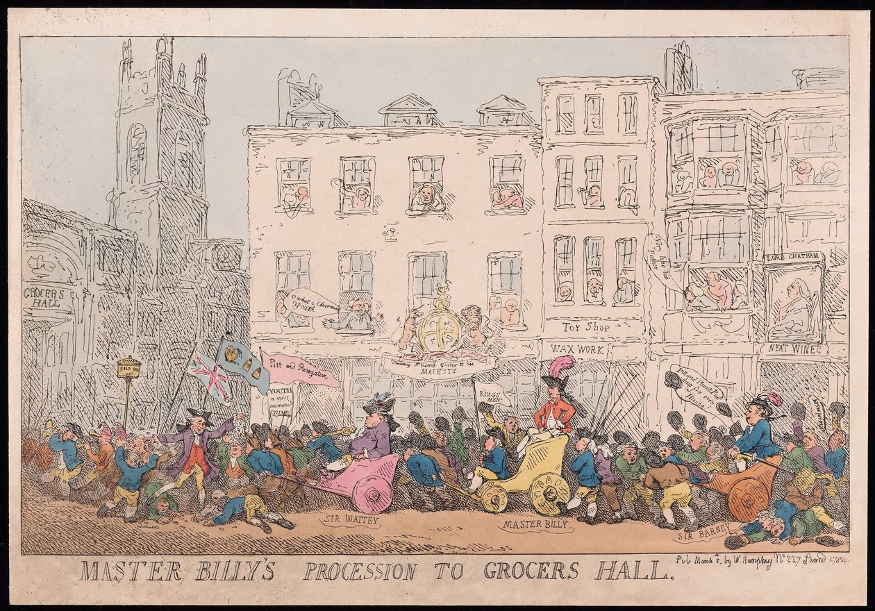 Mästare Billys procession till Grocers Hall, pub. 1784 (handfärgad gravyr) av Thomas Rowlandson