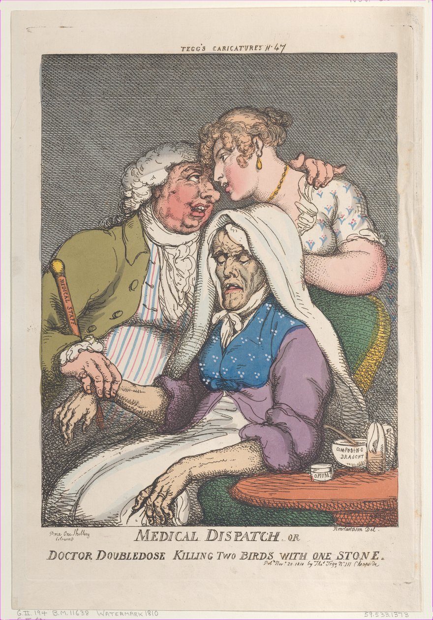 Medicinsk utskick eller Doktor Doubledose Killing Two Birds with One Stone, november..., 20 november 1810. av Thomas Rowlandson