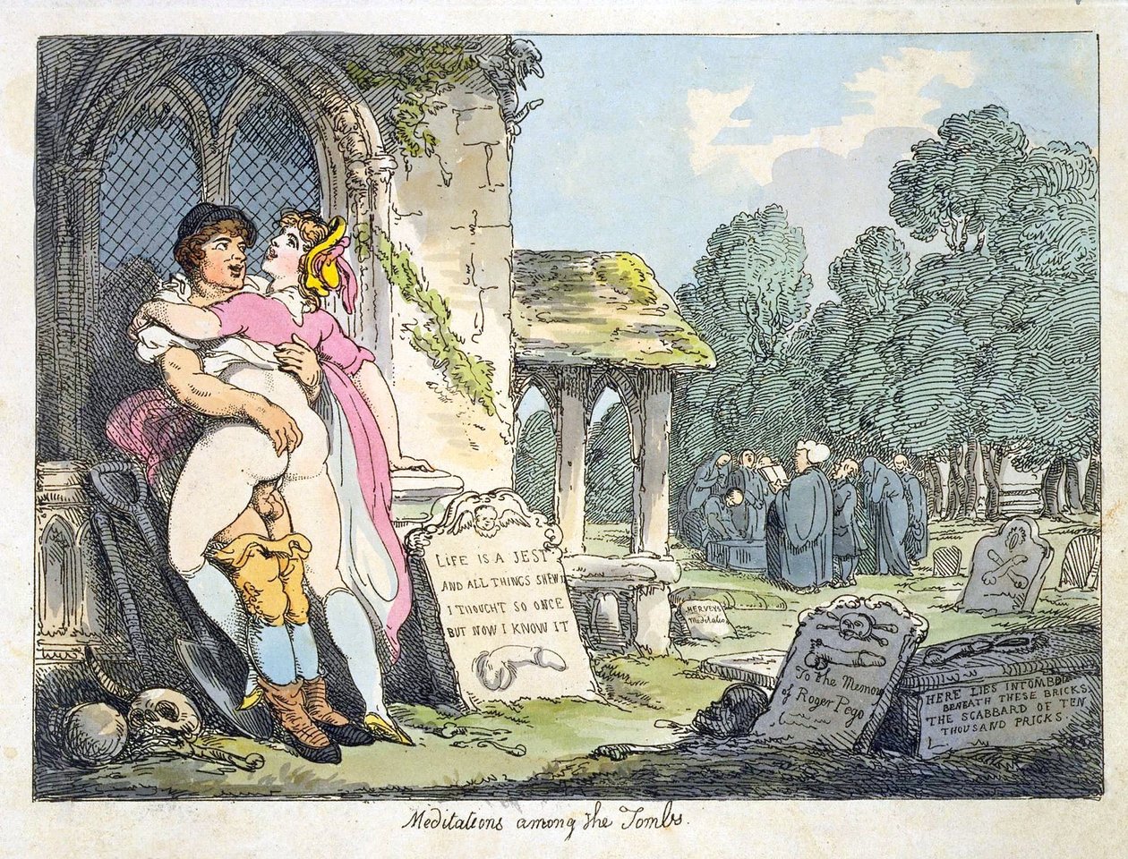Meditationer bland gravarna (färg litho) av Thomas Rowlandson