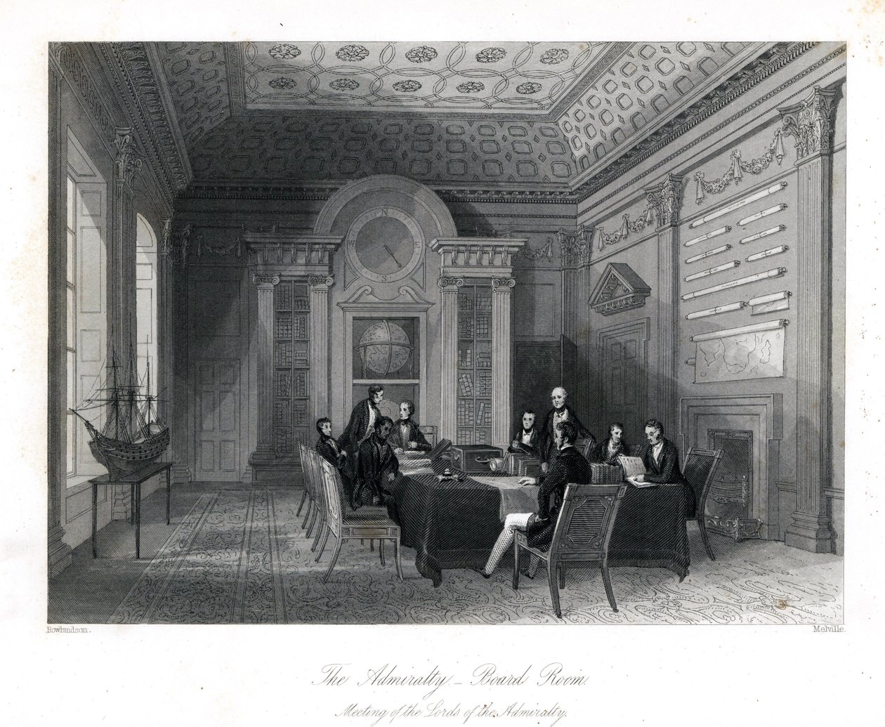 Möte för amiralitetets herrar i styrelserummet, amiralitet. Stålstick av Henry Melville efter en illustration av Thomas Rowlandson från London Interiors, Their Costumes and Ceremonies, Joshua Mead, London av Thomas Rowlandson
