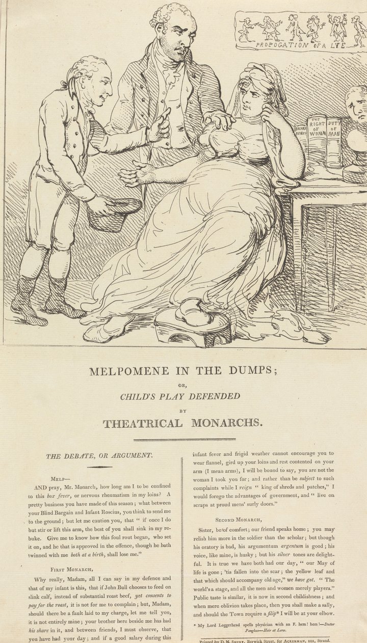 Melpomene i djuperna; om barnlek som försvaras av teatermonarker av Thomas Rowlandson