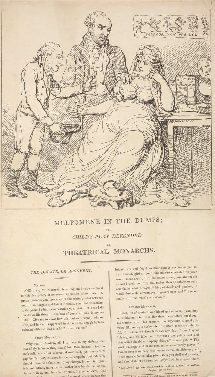 Melpomene i svacka; eller: Barnlek i försvar av teatermonarkerna av Thomas Rowlandson