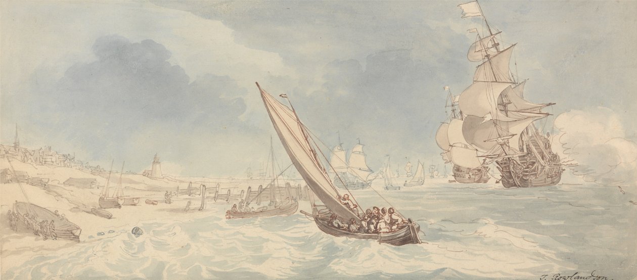 Krigsfartyg och segelbåtar nära stranden av Thomas Rowlandson