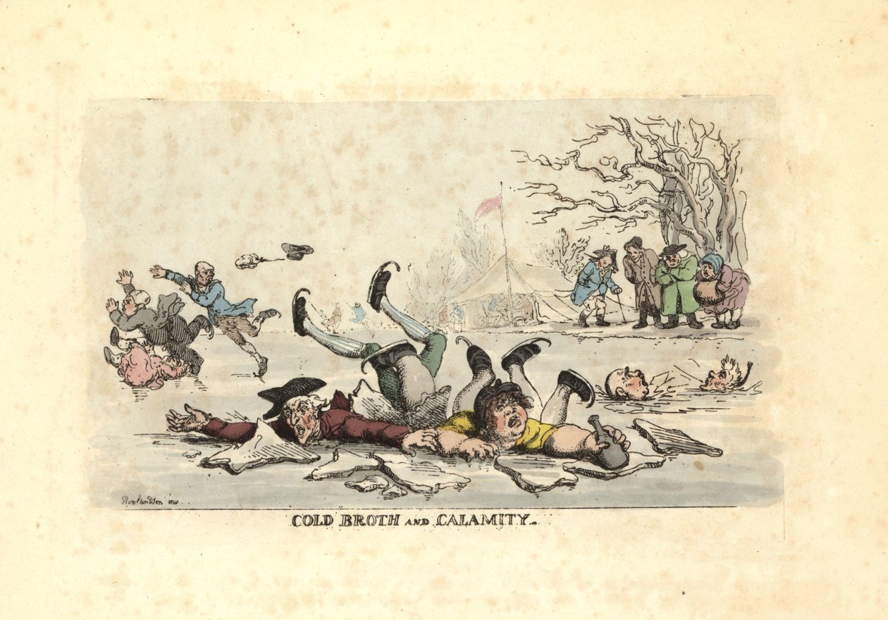 Män och kvinnor åker skridskor på tunn is och faller ner i en iskall ri av Thomas Rowlandson