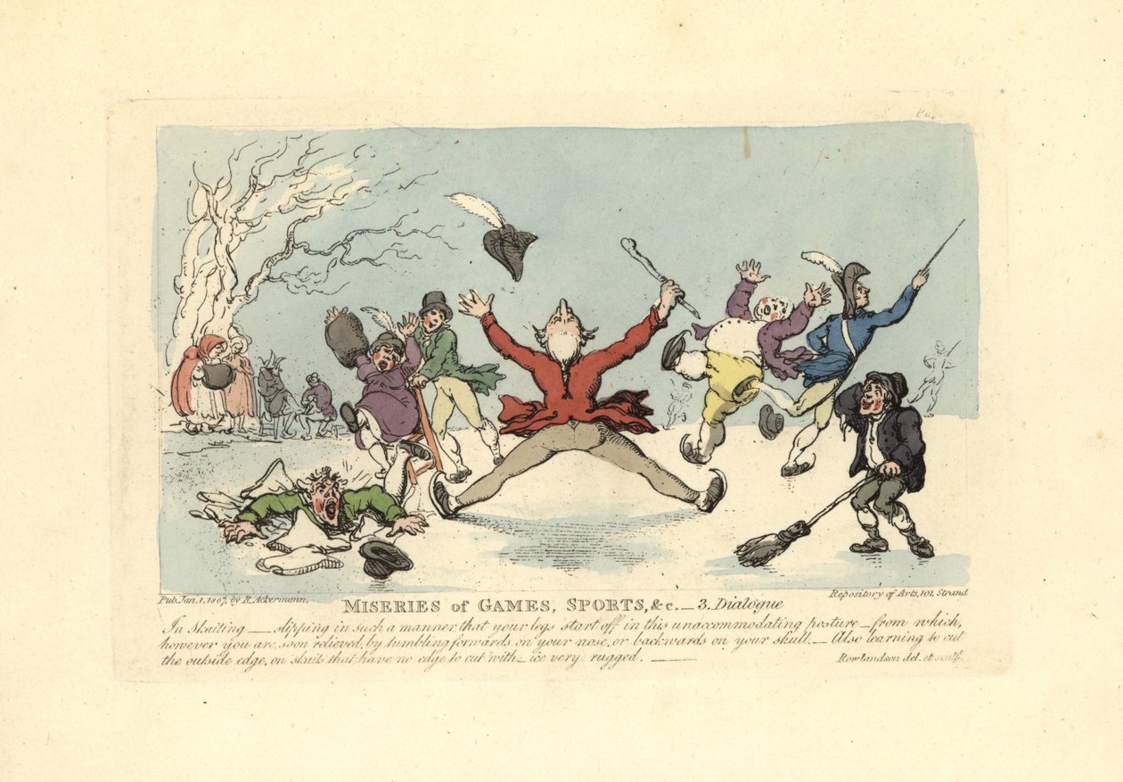 Män som faller på skridskor, en annan som faller genom isen osv. av Thomas Rowlandson