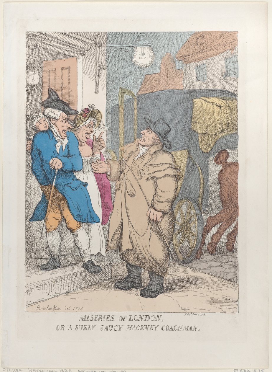 Miseries of London, or a Surly Saucy Hackney Coachman, 4 juni 1814., 4 juni 1814. av Thomas Rowlandson