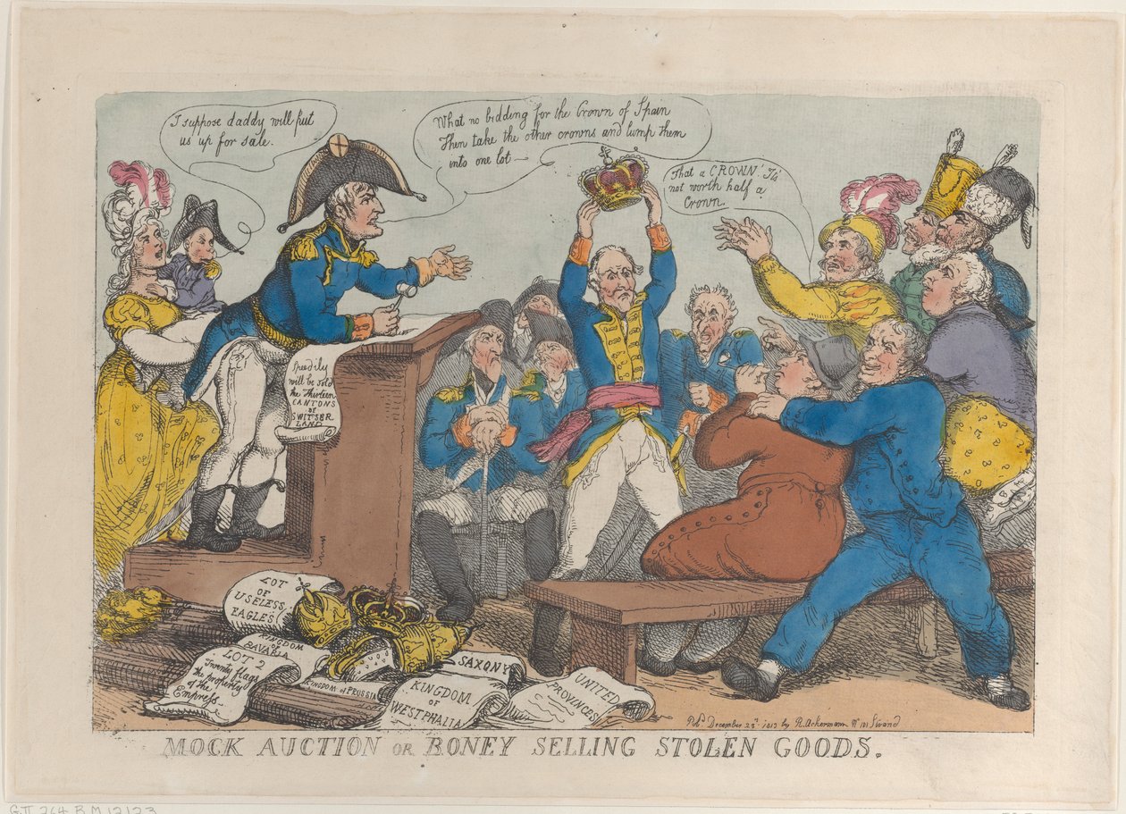 Mock Auction eller Boney Selling Stolt Goods, 25 december 1813., 25 december 1813. av Thomas Rowlandson