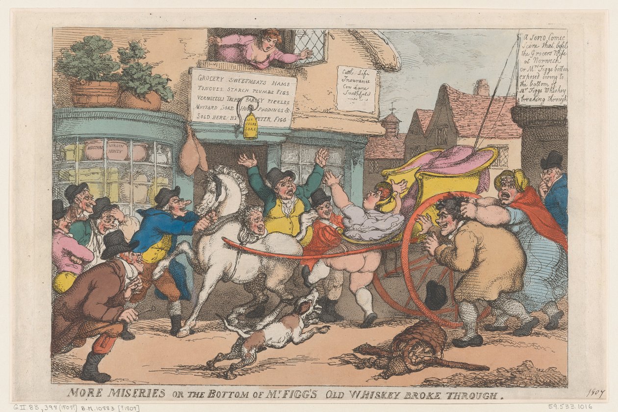 Ännu mer elände: Botten på herr Figgs gamla whiskyflaska gick sönder av Thomas Rowlandson