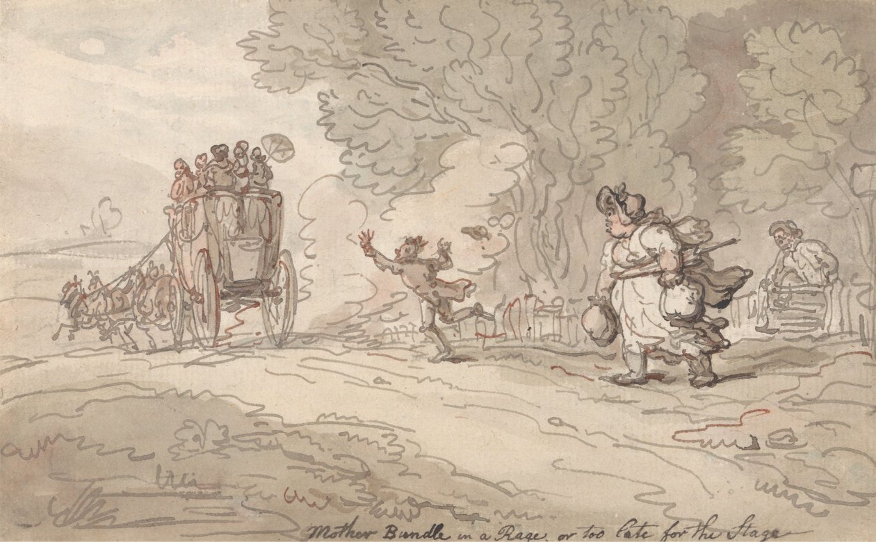 ”Mamma i raseri” eller ”För sent för scenen” av Thomas Rowlandson