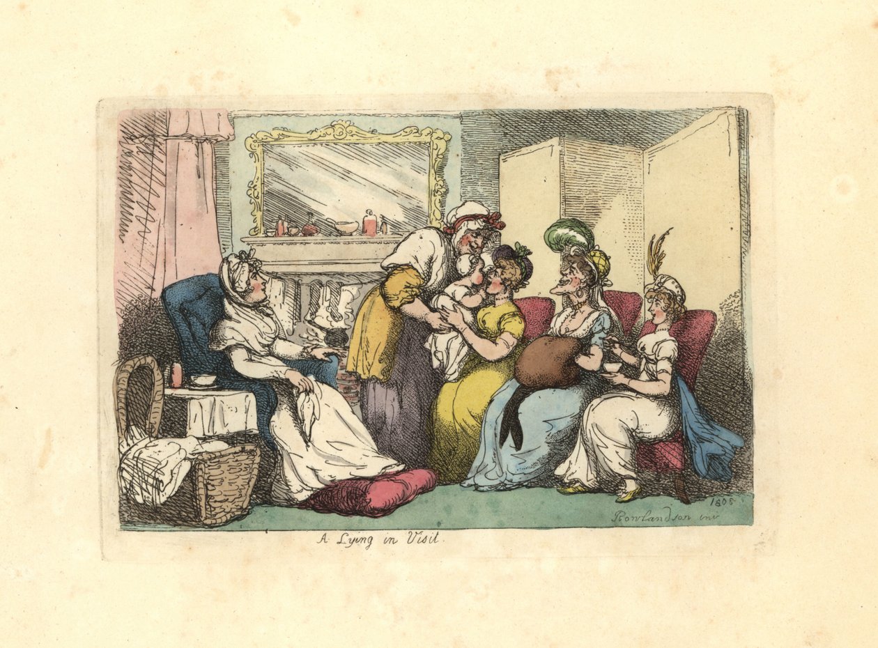 Mamma med nyfödd baby besöks av flera kvinnor i en salong. av Thomas Rowlandson