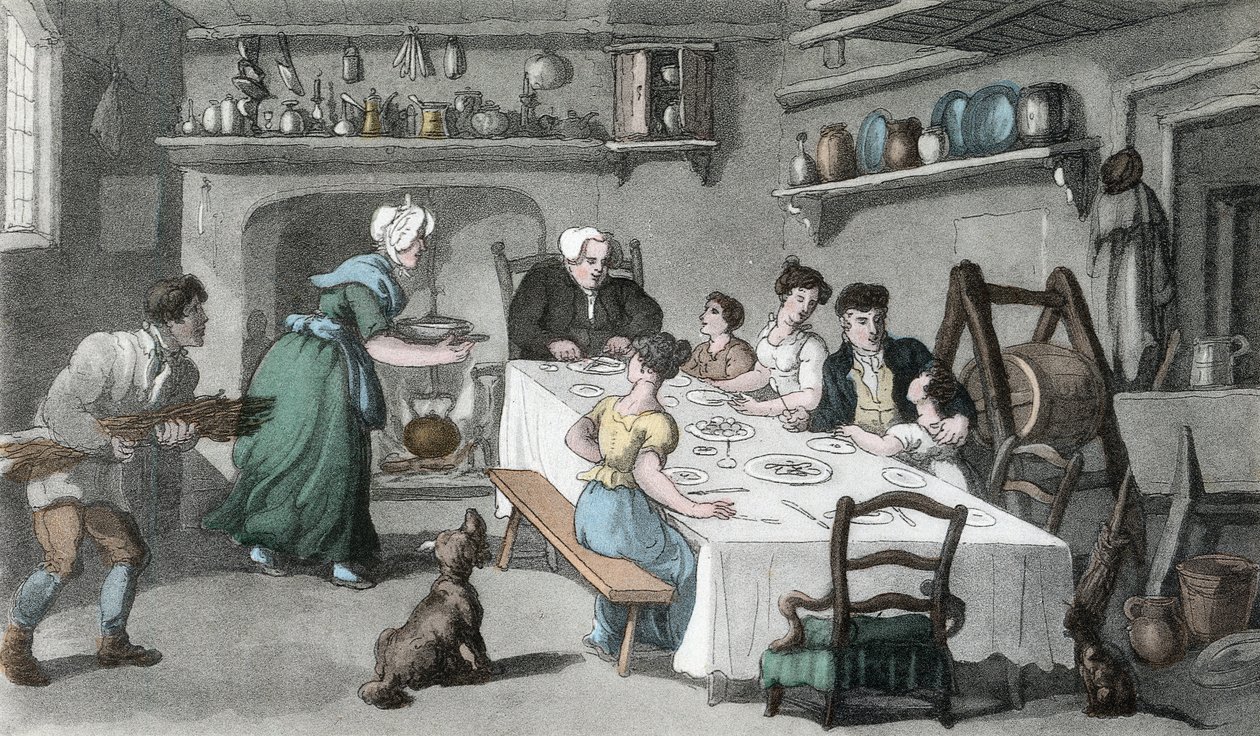 Mr. Burchells första besök, illustration från "The Vicar of Wakefield" av Oliver Goldsmith, pub. Ackermann, 1817 (handfärgad akvatint) av Thomas Rowlandson