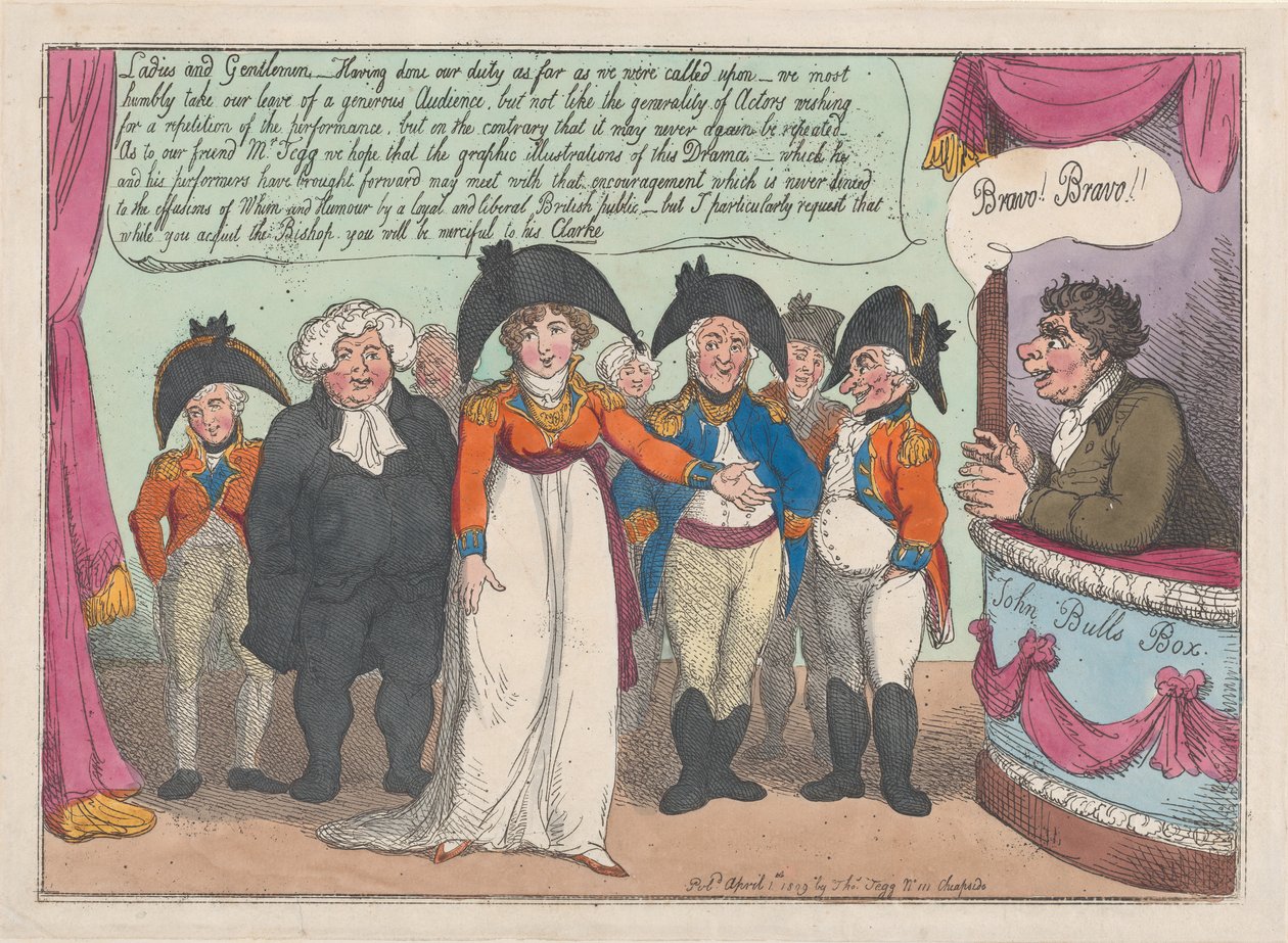 Mrs Clarkes farväl till sin publik. Stjärtstycke, 1 april 1809., 1 april 1809. av Thomas Rowlandson