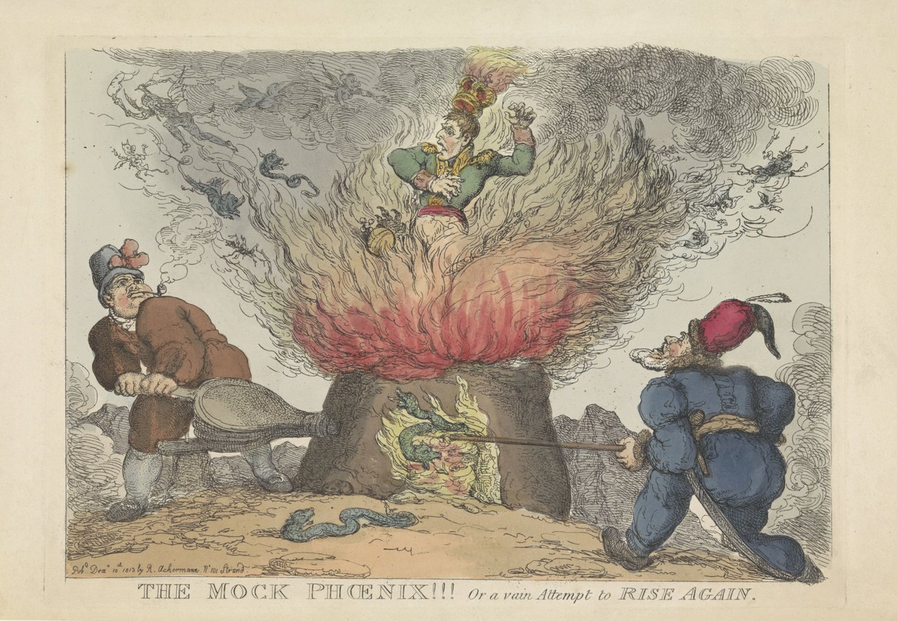 Napoleon als valse fenix, 1813 The Mock Phoenix!!! Eller ett fåfängt försök att resa sig igen (titel på objekt) av Thomas Rowlandson