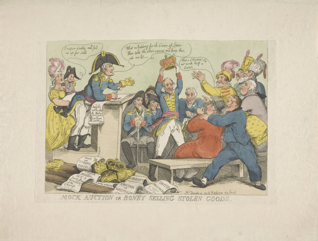 Napoleon säljer stöldgods, 1813 Spontauktion eller Boney som säljer stöldgods (titel på föremål) av Thomas Rowlandson