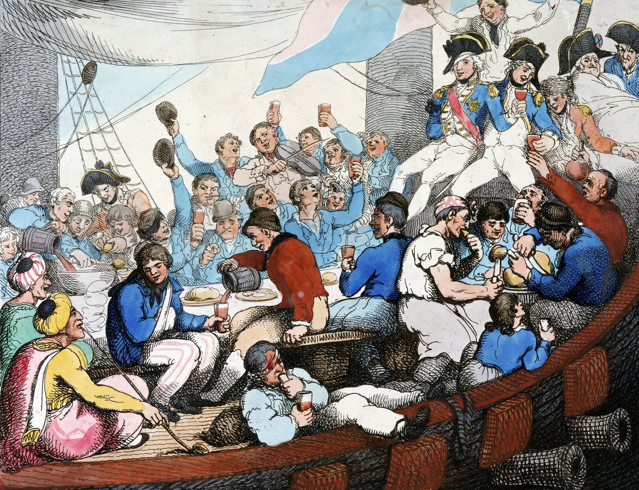 Napoleonkrigen, Egyptiska kampanjen (expeditionen) (1798-1801): Amiral Horatio Nelson (1758-1805) firar med sina trupper sin strålande seger i slaget vid Nilen (slaget vid Aboukir) (augusti 1798), ombord på sin båt av Thomas Rowlandson