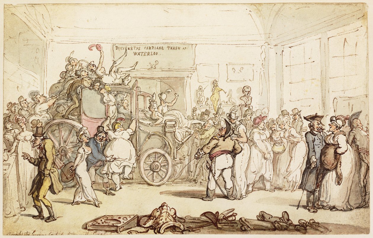 Napoleons buss beskådas av fashionabla London, från "An Historical Account of the Campaign in the Netherlands, in 1815", 1817 av Thomas Rowlandson