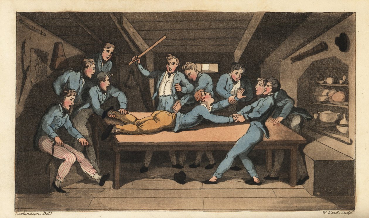 Sjöstraff av cobbing (trassling) för att förstöra en måltid. Johnny blir slagen med en pinne över messbordet för att tillsätta salt till puddingen. Handkolorerad kopparstick av W. Läst efter en illustration av Thomas Rowlandson från Alfred Burtons The av Thomas Rowlandson