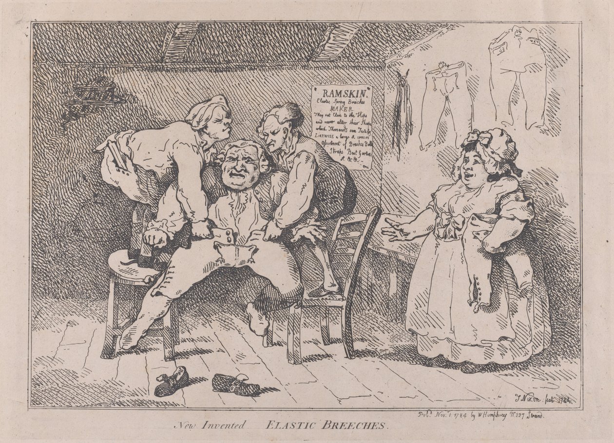 Nya uppfunna elastiska ridbyxor, 1 november 1784, 1 november 1784. av Thomas Rowlandson