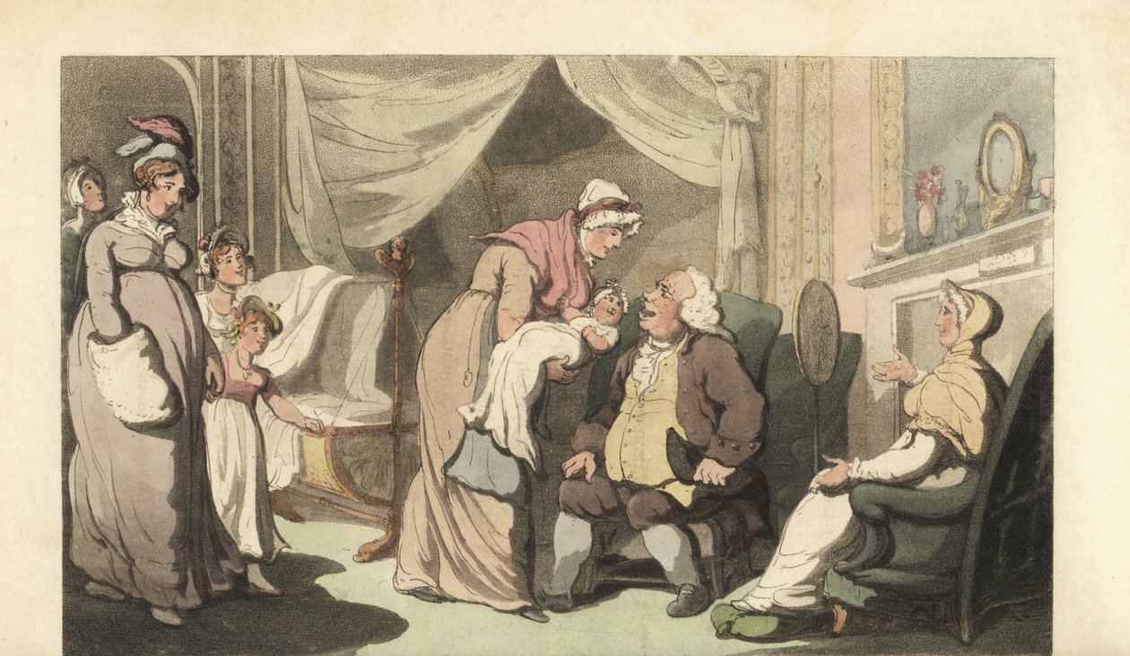Sjuksköterska visar ett barn för en gammal man och kvinna av Thomas Rowlandson