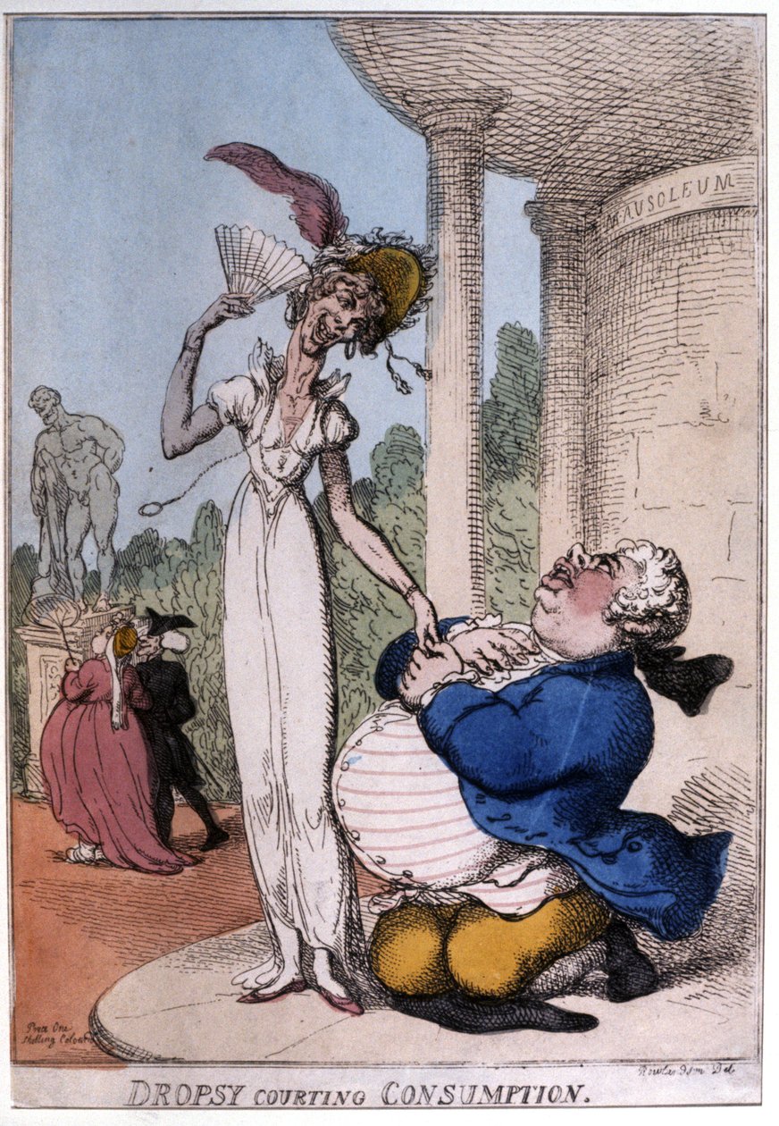 Överviktiga man som uppvaktar en tuberkulospatient: vattusot och konsumtion, tidigt 1800-tal (karikatyr) av Thomas Rowlandson