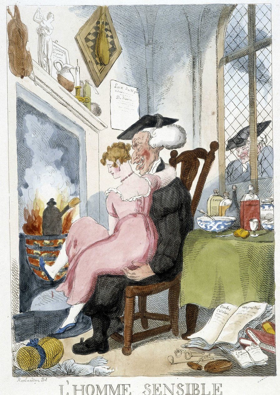 Gammal man (esiastisk) trevar en ung kvinna som sitter på knä - karikatyr av Rowlandson av Thomas Rowlandson