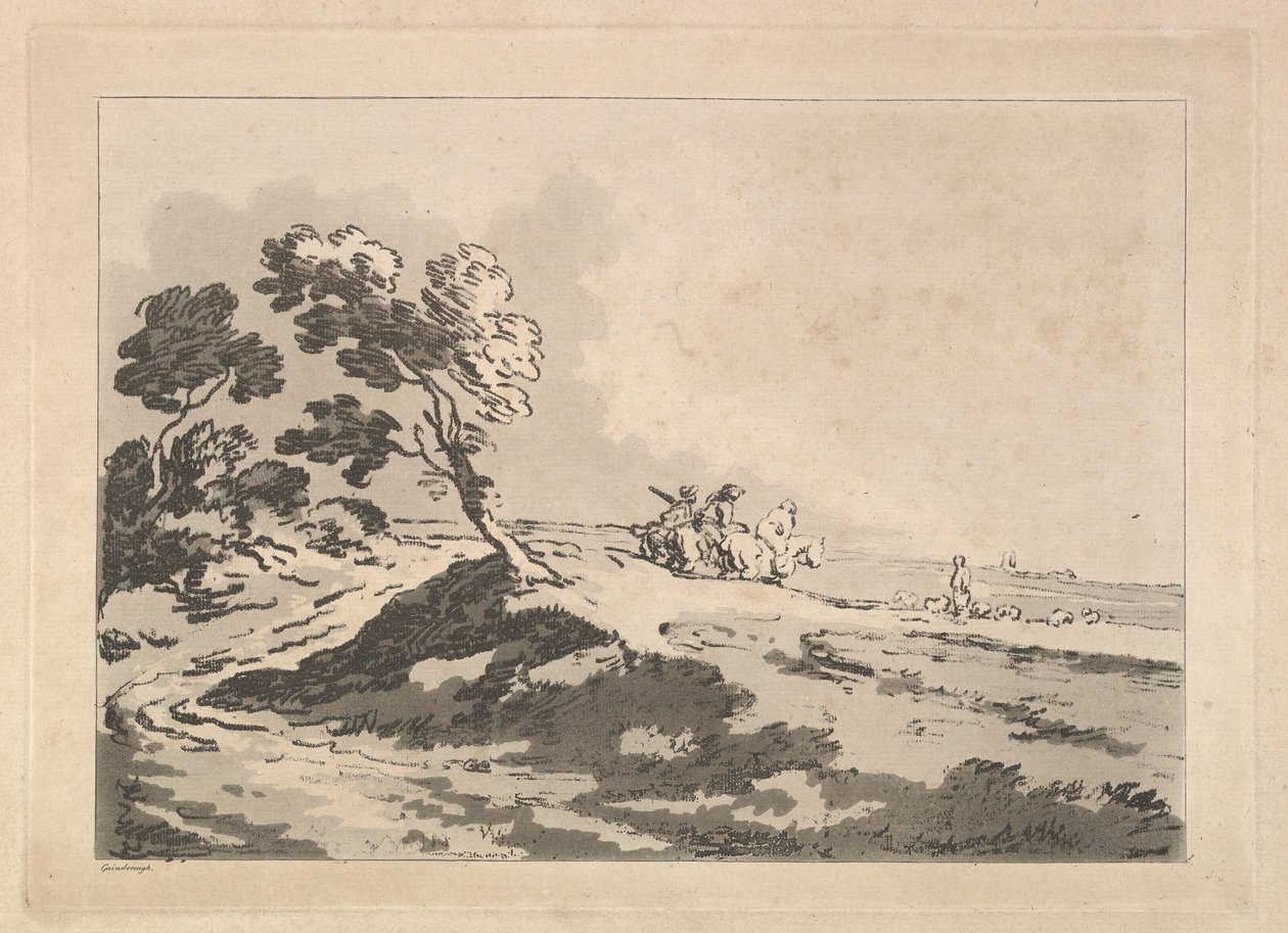 Öppet landskap med tre ryttare på medeldistans på väg till höger, Windblo..., 1784-88. av Thomas Rowlandson