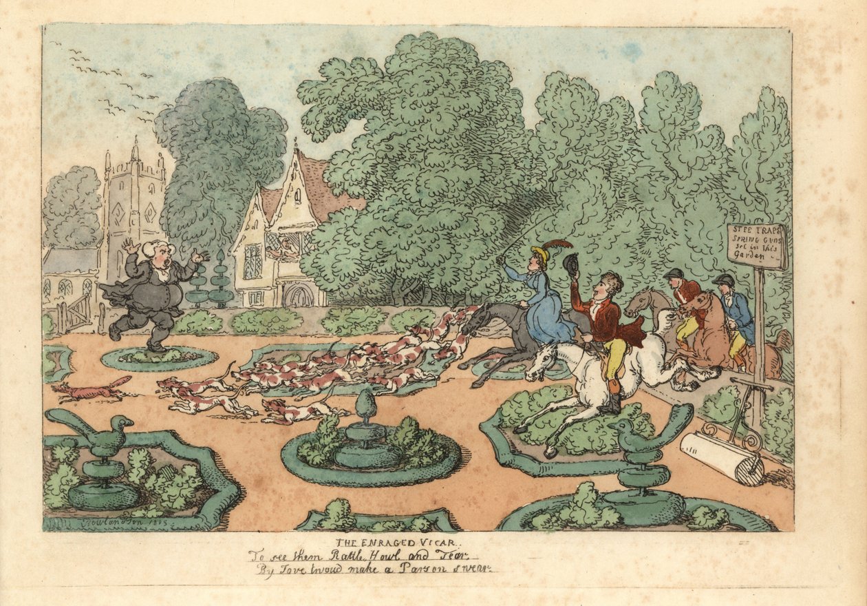 Parson förbannar rävjägare och hundar som trampar ner sin trädgård. av Thomas Rowlandson