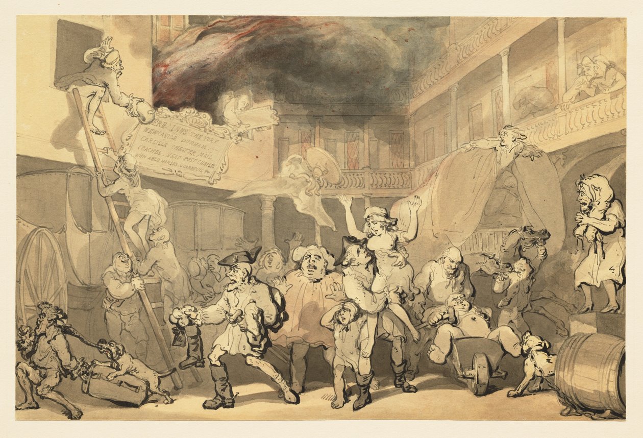 Peregrine räddar Emilia från branden på värdshuset av Thomas Rowlandson