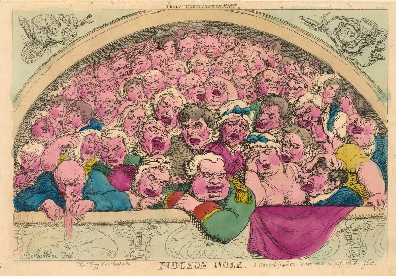 Pigeon Hole, A Convent Garden-konstnär för att klara gudarna, 1811 (handfärgad gravyr) av Thomas Rowlandson