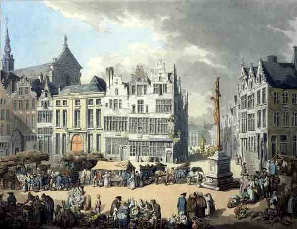 Place de Mier i Antwerpen, graverad av Wright och Schutz, pub. av Rudolph Ackermann av Thomas Rowlandson
