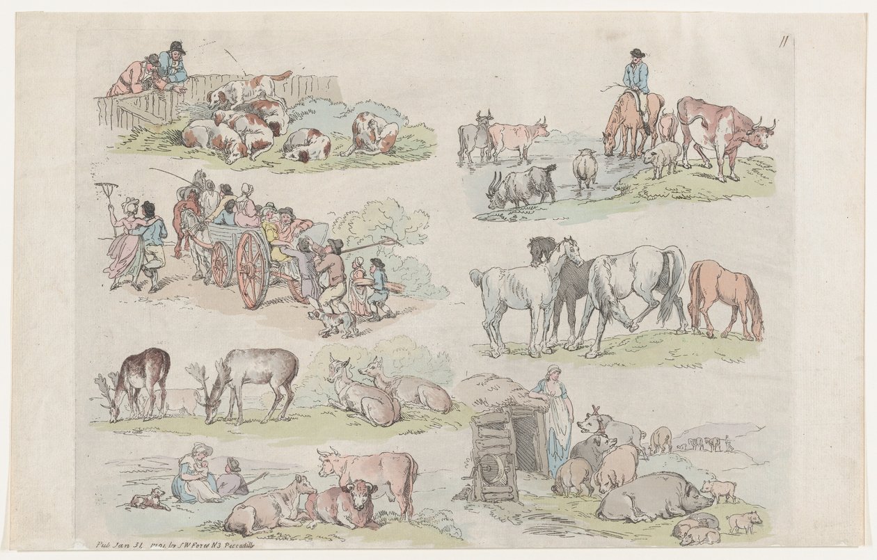Plåt 11, konturer av figurer, landskap och boskap...för lärarnas bruk..., 31 januari 1791. av Thomas Rowlandson