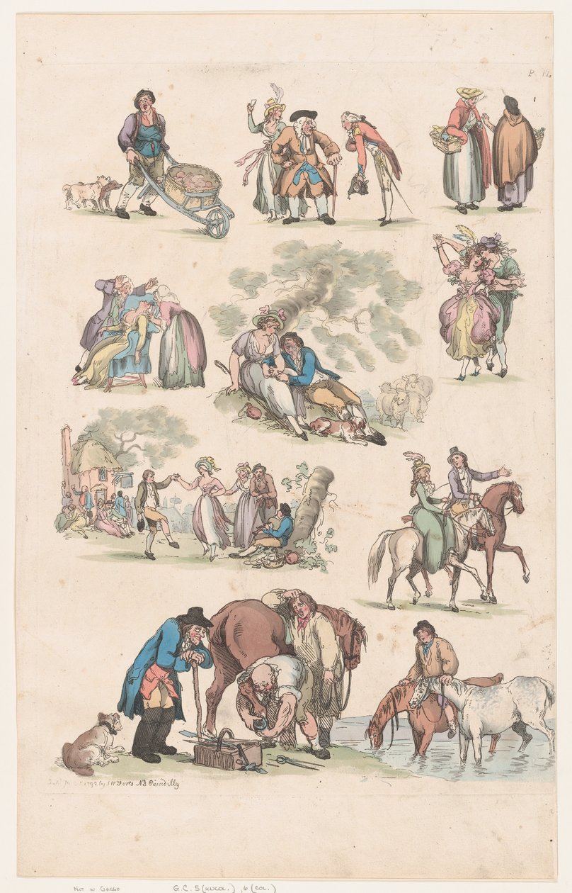 Plåt 14, konturer av figurer, landskap och boskap...för lärarnas bruk, Ju..., 1 juni 1790. av Thomas Rowlandson