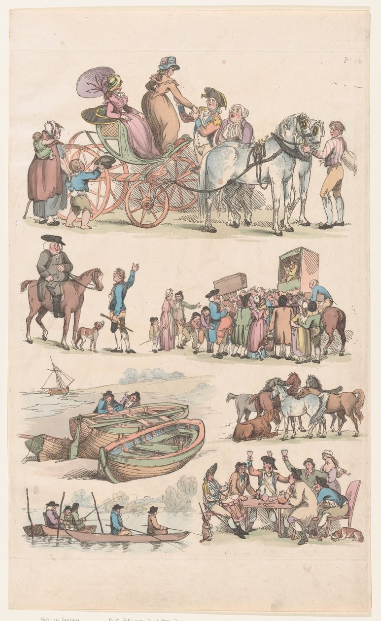 Plåt 16, konturer av figurer, landskap och boskap...för lärarnas bruk, Ju..., 1 juni 1790. av Thomas Rowlandson