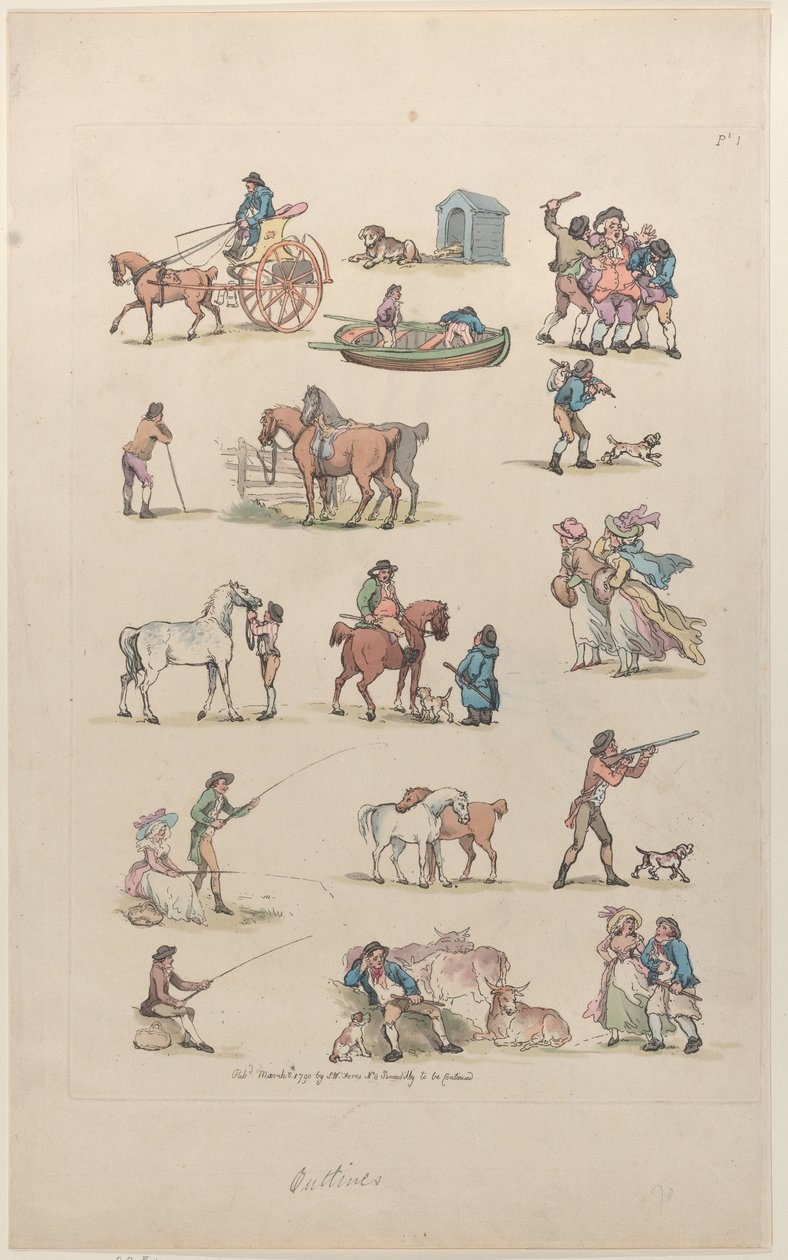 Plåt 1, konturer av figurer, landskap och boskap...för lärarnas bruk, Ma..., 8 mars 1790. av Thomas Rowlandson