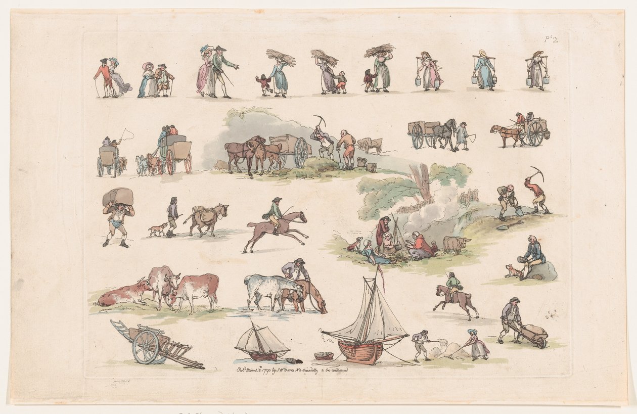 Plåt 2, konturer av figurer, landskap och boskap...för lärarnas bruk, Ma..., 8 mars 1790. av Thomas Rowlandson