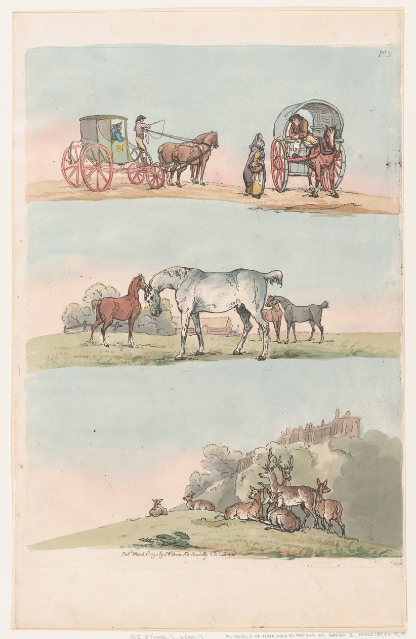Plåt 3, konturer av figurer, landskap och boskap...för lärarnas bruk, Ma..., 8 mars 1790. av Thomas Rowlandson