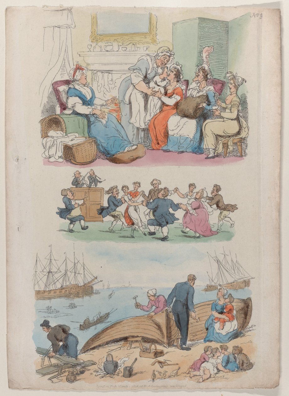 Platta 4: A Ligging-in Visit, A Round Dance, från World in Miniature, 1816., 1816. av Thomas Rowlandson