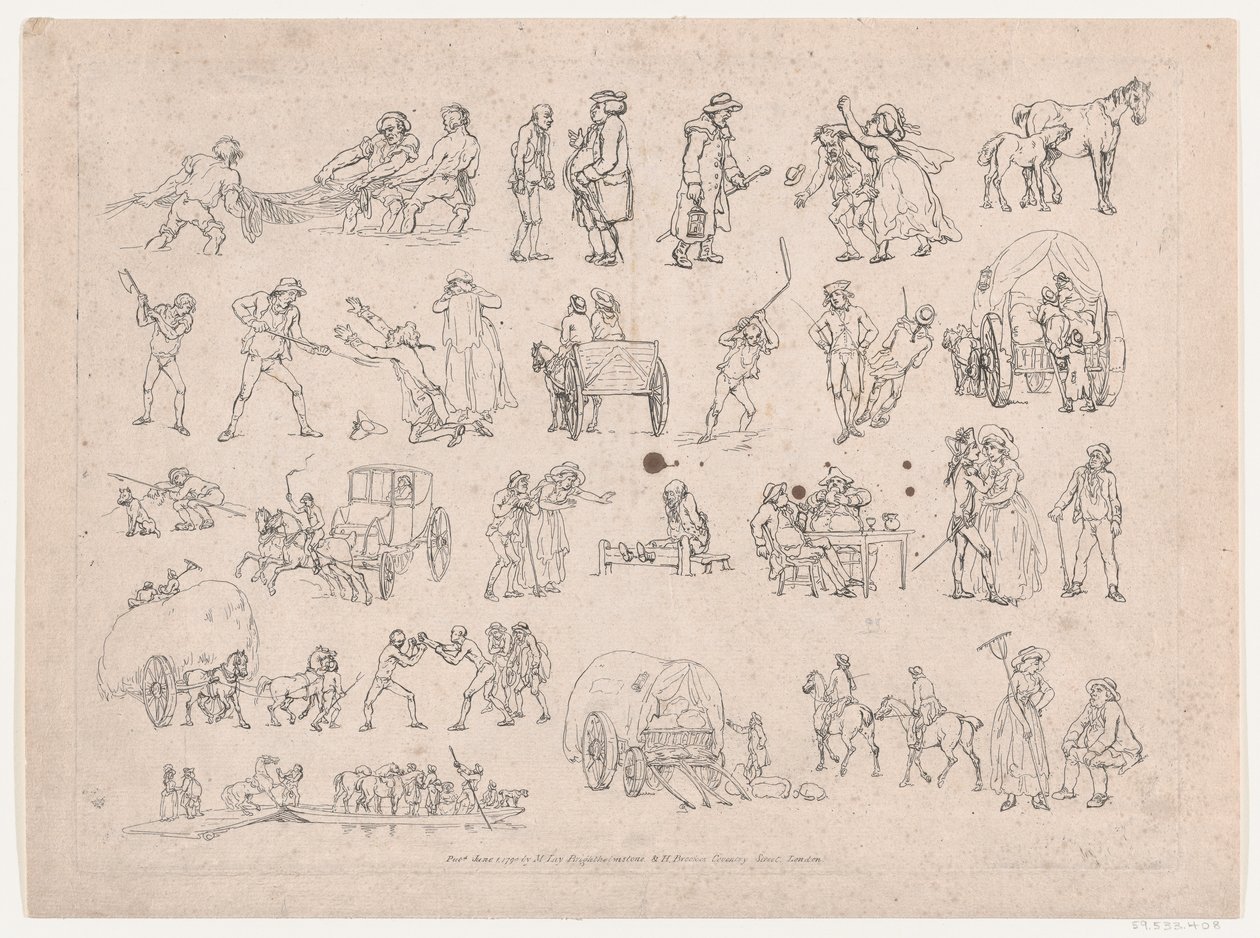 Plåt 4, konturer av figurer, landskap och boskap...för lärarnas bruk, Ma..., 8 mars 1790. av Thomas Rowlandson
