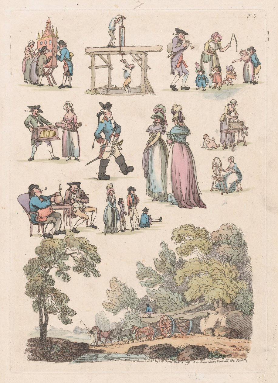 Plåt 5, konturer av figurer, landskap och boskap...för lärarnas bruk, Ju..., 18 juni 1790. av Thomas Rowlandson