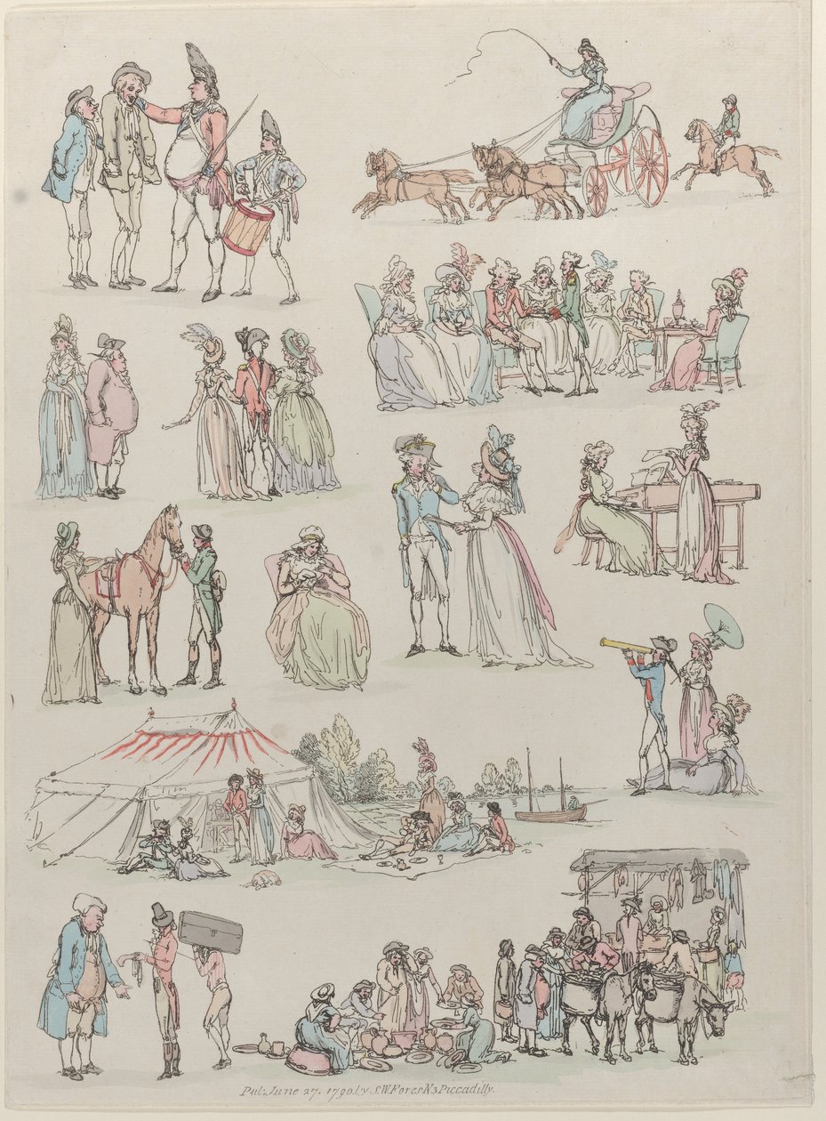 Plåt 7, konturer av figurer, landskap och boskap...för lärarnas bruk, Ju..., 27 juni 1790. av Thomas Rowlandson