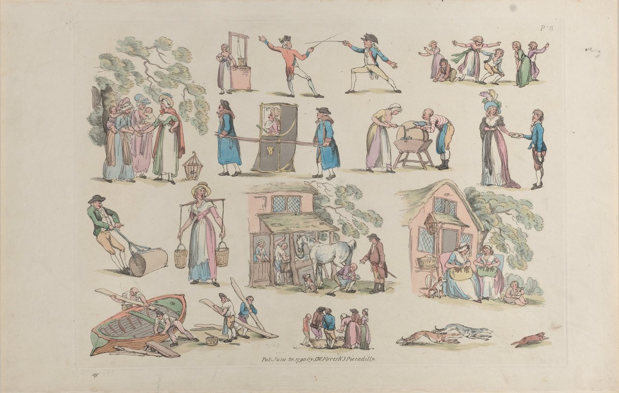 Tavla 8, konturer av figurer, landskap och boskap...för lärarnas bruk, Ju..., 20 juni 1790. av Thomas Rowlandson