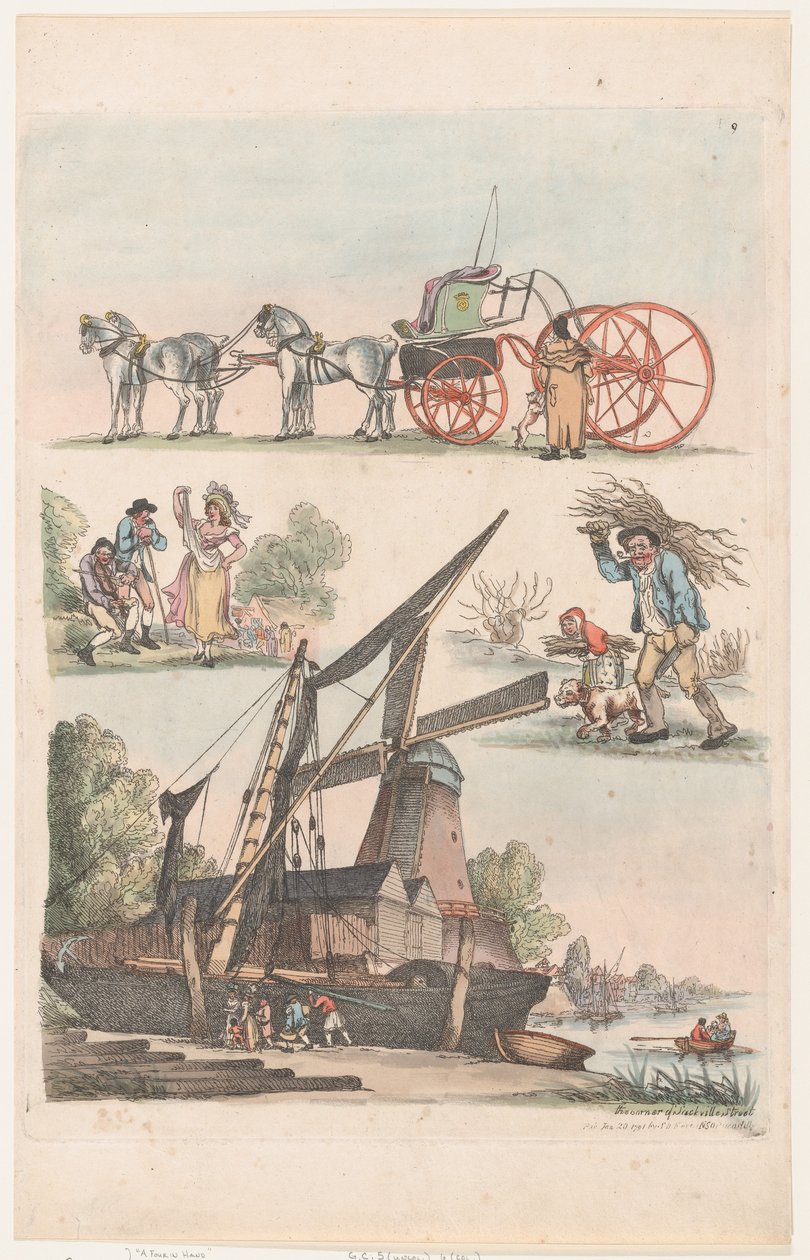 Plåt 9, konturer av figurer, landskap och boskap...för lärarnas bruk,..., 20 januari 1791. av Thomas Rowlandson