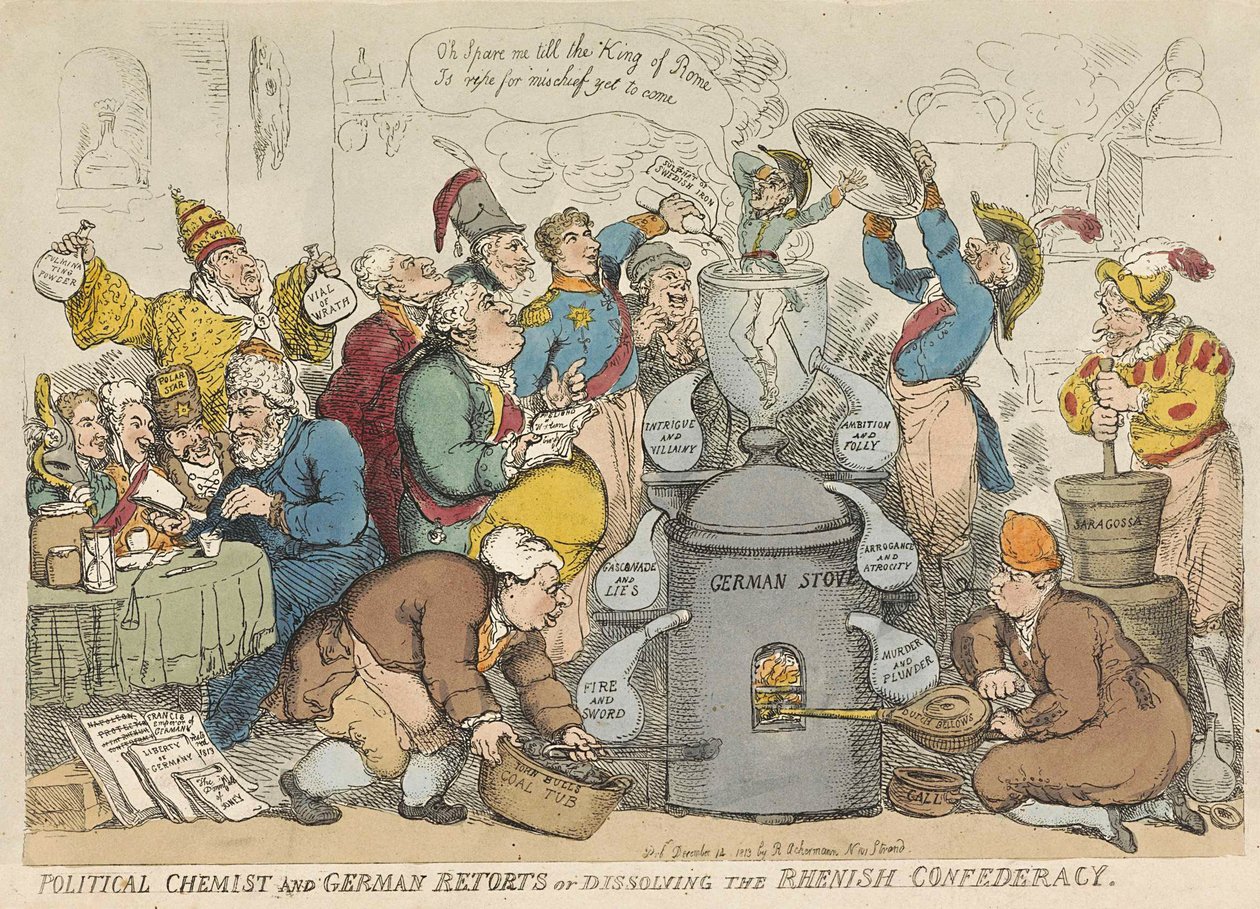 Politisk kemist och tysk svarar eller upplöser det rhenska konfederationen, pub. 1813 (handfärgad gravyr) av Thomas Rowlandson